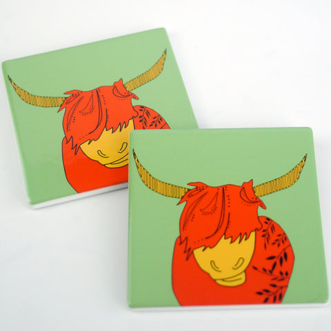 Highland Cow Green - Ceramic Coaster