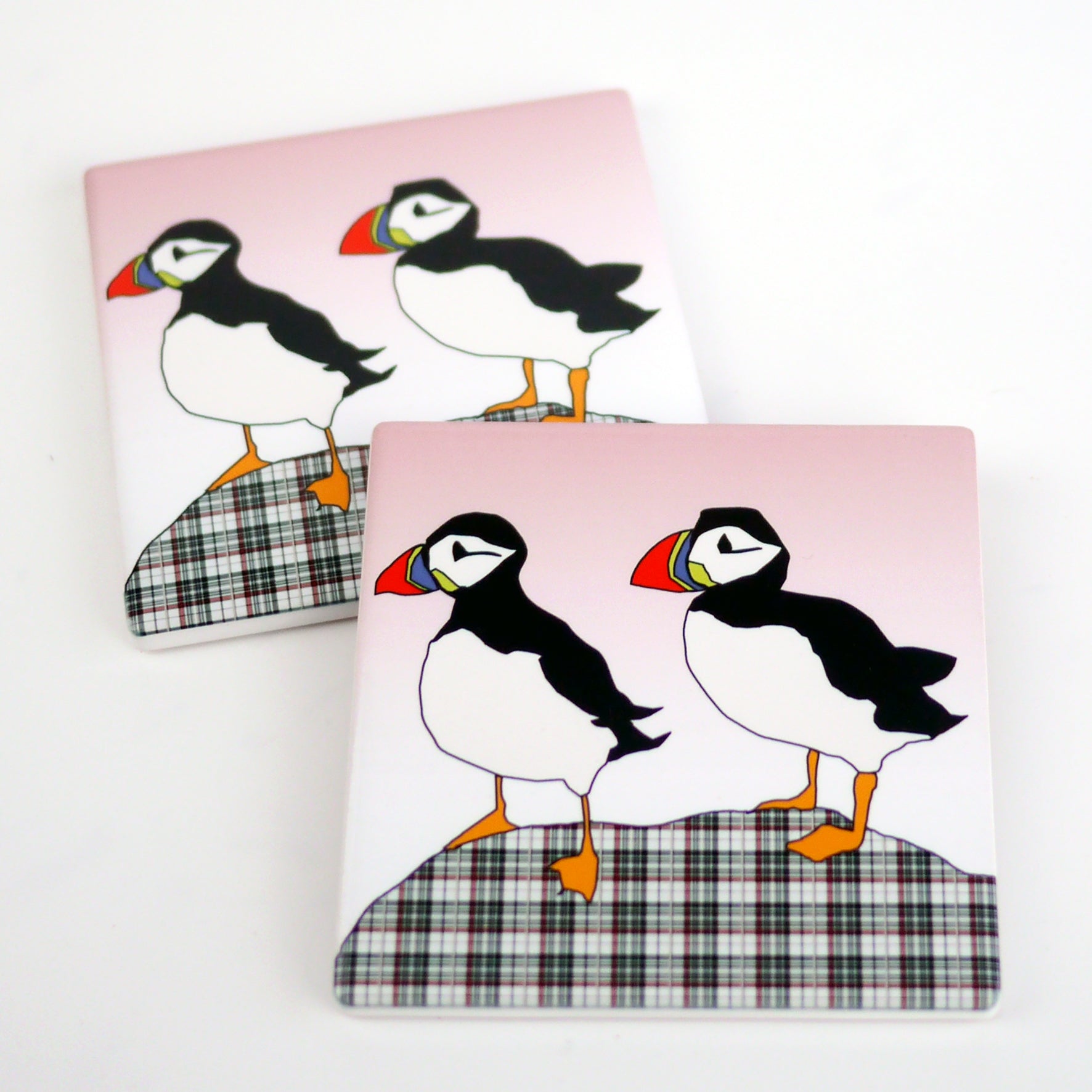 Puffin (pink tartan) Ceramic Coaster